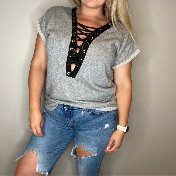 Womens gray french terry lace up short sleeve top - Picture 2 of 8